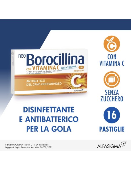 Neoborocillina C Antisettico Orale 16 Pastiglie Senza Zucchero Per Mal di Gola